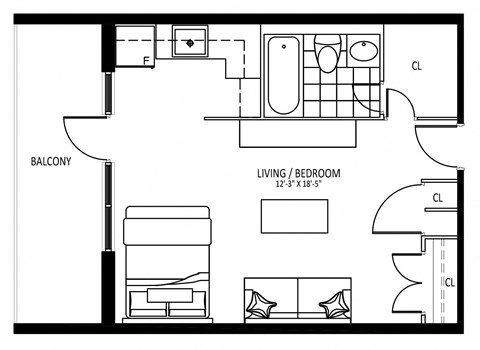 Floor plan for studio, 1 bath, 410 sqft